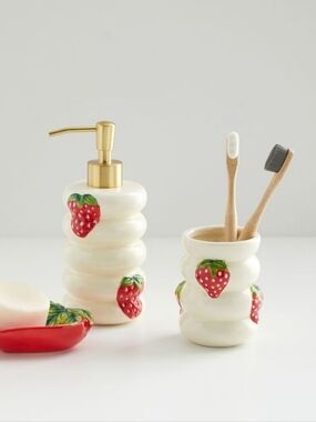 Urban Outfitters White Strawberry Icon Soap Dispenser & Toothbrush Holder